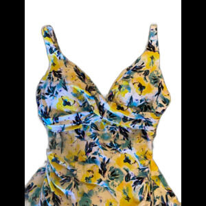 One Piece Swimsuit Size 12 Blue & Yellow Criss Cross Twist Under Bust Stylish!